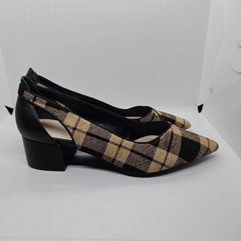 Preston & York beige and black plaid calf hair cutout pumps 8.5M